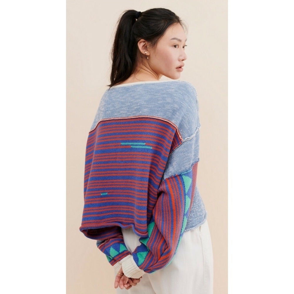 Free People Blue Medium, Bohemian, Oversized, Patchwork Sweater